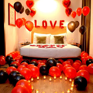Picturesque Love Decor, Romantic Balloon Arrangement, T-Lights, Rose Petals, Love Balloons